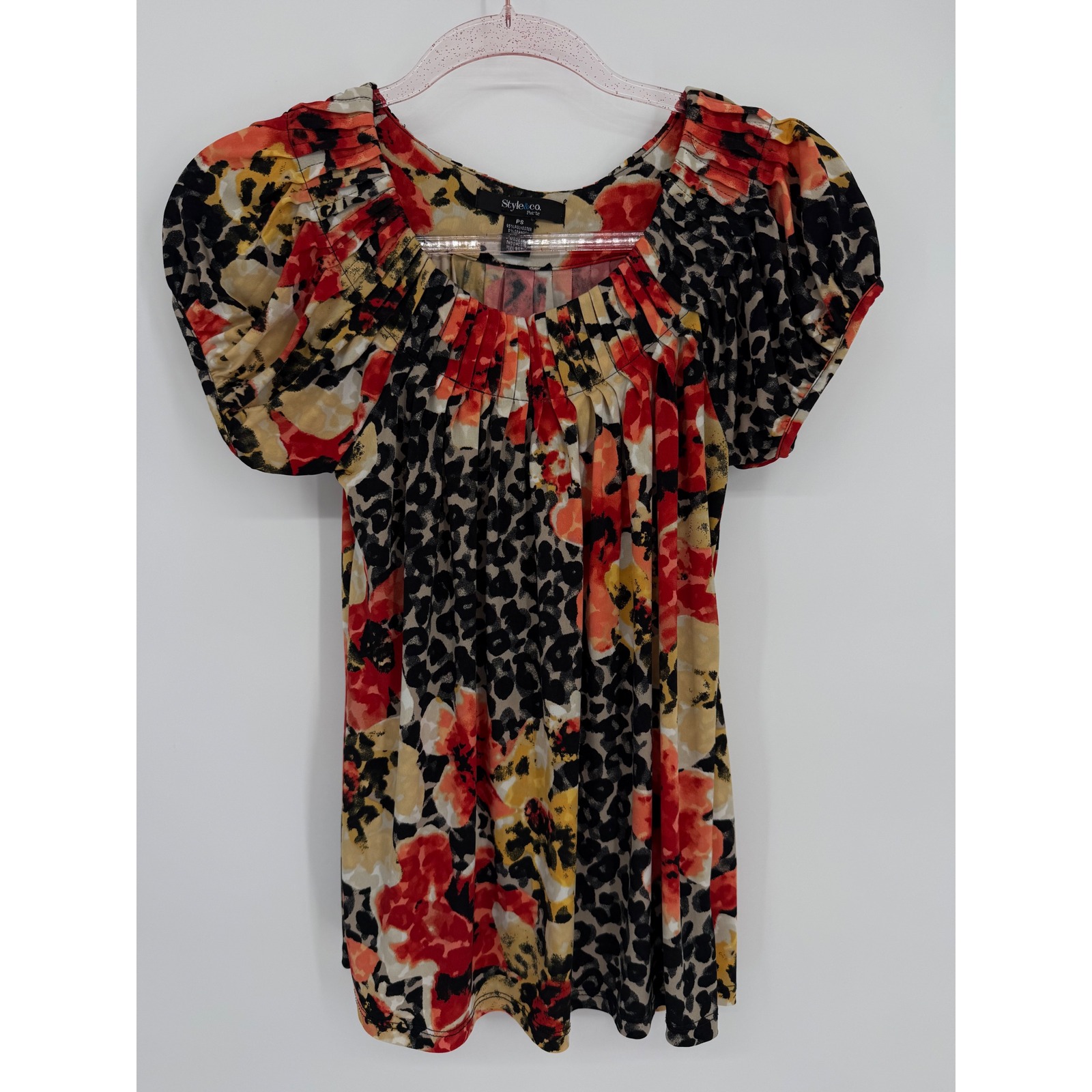 Style & Co Petite Floral Leopard Print Puff Sleeve Blouse Orange Black Sz Ps